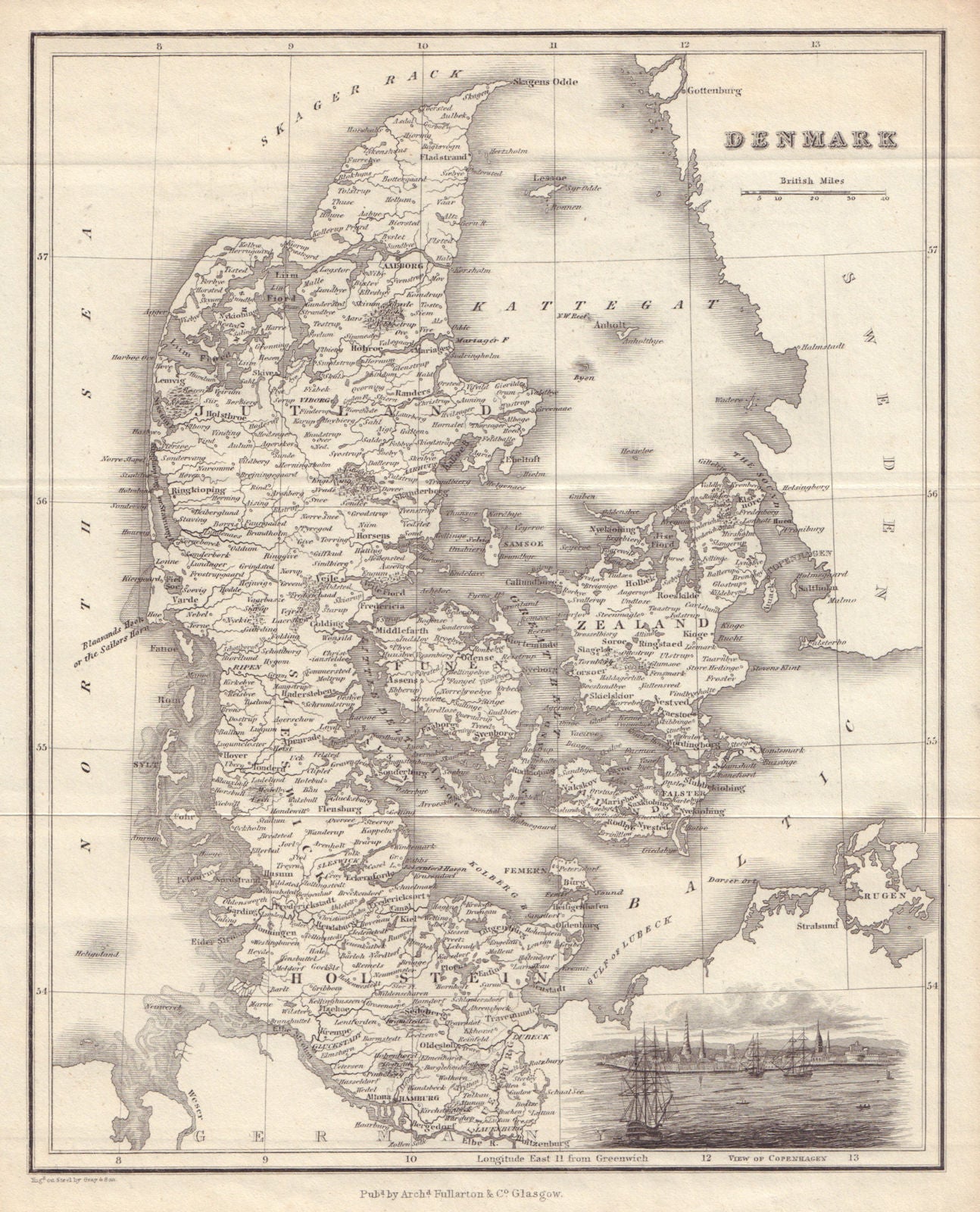 Denmark, including Schleswig & Holstein. FULLARTON 1839 old antique map chart